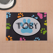 Personalised Colourful Paw Print And Grey Pet Meal Mat