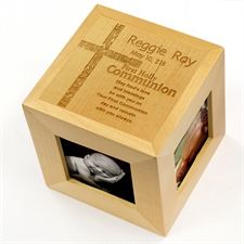 Engraved First Holly Communion Wood Photo Cube