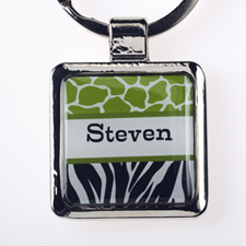 Lime Black Animal Print Personalised Square Metal Keychain (Small)