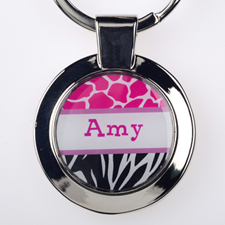 Fuchsia Black Animal Print Personalised Round Metal Keychain (Small)