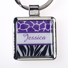 Lavender Black Animal Print Personalised Square Metal Keychain (Small)
