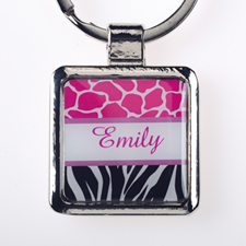 Fuchsia Black Animal Print Personalised Square Metal Keychain (Small)