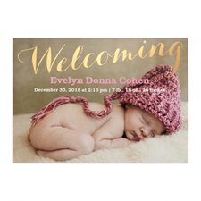 Welcoming Foil Gold Personalised Photo Birth Announcement, 5X7 Cards