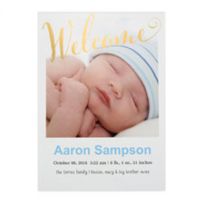 Welcome Foil Gold Personalised Photo Birth Announcement, 5X7 Cards