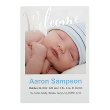 Welcome Foil Silver Personalised Photo Birth Announcement, 5X7 Cards