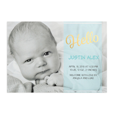 Script Hello Foil Gold Personalised Photo Boy Birth Announcement, 5X7 Cards