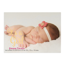 It's A Girl Foil Gold Personalised Photo Birth Announcement, 5X7 Cards