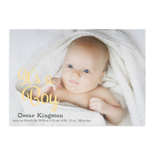 It's A Boy Foil Gold Personalised Photo Birth Announcement, 5X7 Cards