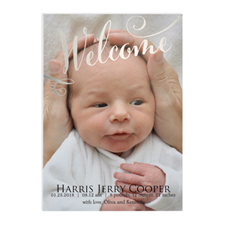 Welcome Foil Silver Photo Birth Announcement, 5X7 Cards