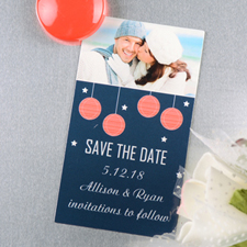 Create And Print Navy Red Lantern Personalised Save The Date Magnet 2x3.5 Card Size