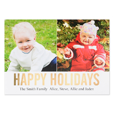 Gold Foil Personalised Two Collage Photo Happy Holidays Flat Card, 5X7