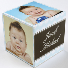 Polka Dots Baby Boy Birth Announcement Wood Photo Cube, 5 panels