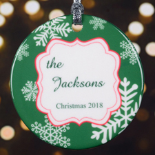 Personalised Christmas Green Snowflake Round Porcelain Ornament