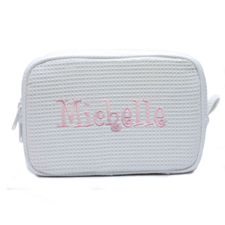 Embroidered Name White Cotton Waffle Weave Makeup Bag