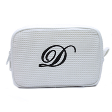 Embroidered One Initial White Cotton Waffle Weave Makeup Bag