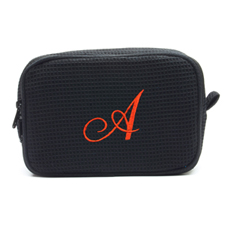 Embroidered One Initial Black Cotton Waffle Weave Makeup Bag