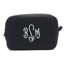 Embroidered Three Initial Black Cotton Waffle Weave Makeup Bag