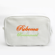 Two Text Line Embroidered Cotton Waffle Cosmetic Bag, White