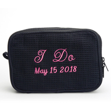 Two Text Line Embroidered Cotton Waffle Cosmetic Bag, Black