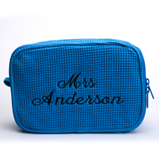 Two Text Line Embroidered Cotton Waffle Cosmetic Bag, Blue