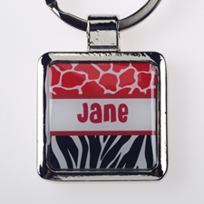 Red Black Animal Print Personalised Square Metal Keychain (Small)