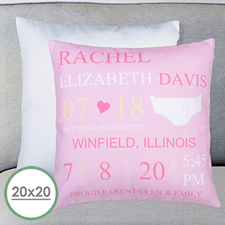 Girl Birth Announcement Personalised Large Pillow Cushion Cover 20