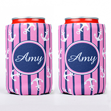 Pink Navy Strap Anchor Personalised Can Cooler