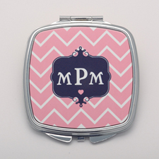 Pink Chevron Navy Personalised Square Compact Mirror