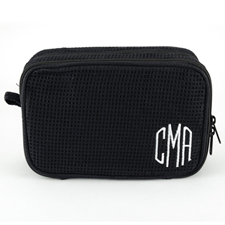 Monogrammed Embroidered Black Cotton Waffle Weave Cosmetic Bag