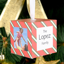 Red Green Stripes Personalised Wooded Photo Cube 2