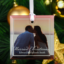 Married Christmas Personalised Photo Square Glass Ornament