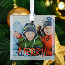 Red Merry Personalised Photo Square Glass Ornament