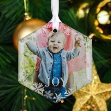 Joy Snowflake Personalised Photo Hexagon Glass Ornament