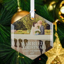 Married Christmas Personalised Photo Hexagon Glass Ornament