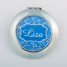Blue Damask Personalised Round Compact Mirror