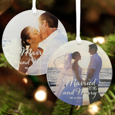 Script Married And Merry Personalised Photo Acrylic Round Ornament