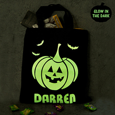 Pumpkin Personalised Glow In The Dark Halloween Tote Treat Bag Black