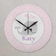 Pink And Grey Whale Personalised Clock, Round 10.75