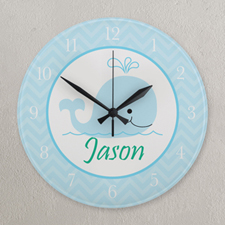 Blue And White Chevron Whale Personalised Clock, Round 10.75