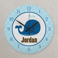 Navy And Blue Dot Whale Personalised Clock, Round 10.75