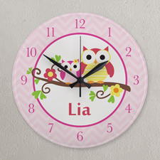 Pink Chevron Owl Personalised Clock, Round 10.75
