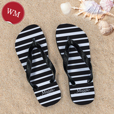 Black White Stripe Personalised Flip Flops, Women Medium
