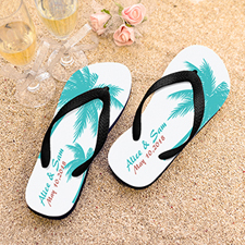 Palm Tree Personalised Beach Wedding Flip Flops Black Strap, Kids Medium