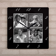 Black Frame Four Collage Personalised Large Square Clock, 10.75