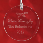 Personalised Engraved Peace, Love & Joy Round Glass Ornament
