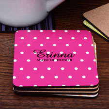 Monogrammed Hot Pink Polka Dots Personalised Cork Coaster