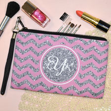 Personalised Pink Glitter Chevron Wedding Monogrammedmed Bridesmaid Gift Wristlet Bag (Medium Inch)