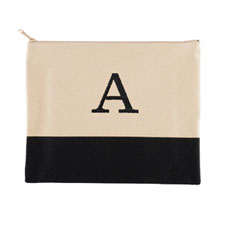 Embroidered One Initial Natural Black Zip Bag 7.5