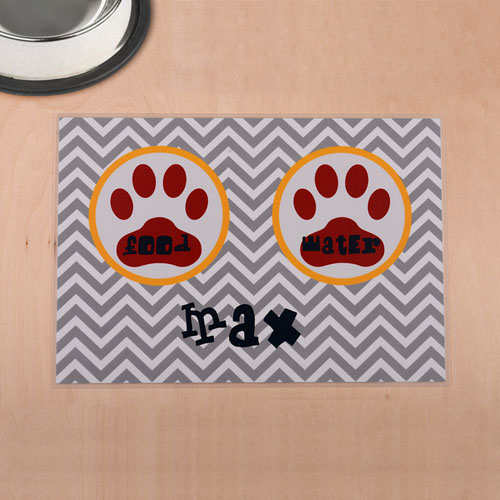 Personalised Grey Chevron Red Paw Print Pet Meal Mat