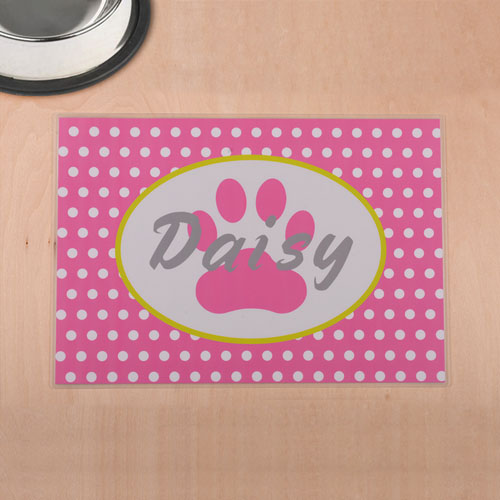 Personalised Pink Polka Dots And Paw Print Pet Meal Mat